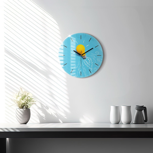 Round glass wall clock Light bulb drawing