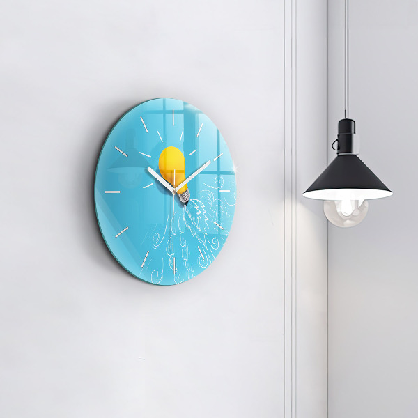 Round glass wall clock Light bulb drawing