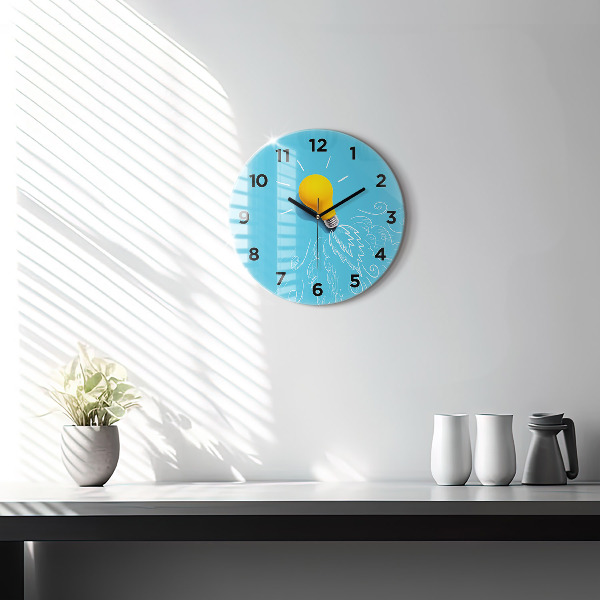 Round glass wall clock Light bulb drawing