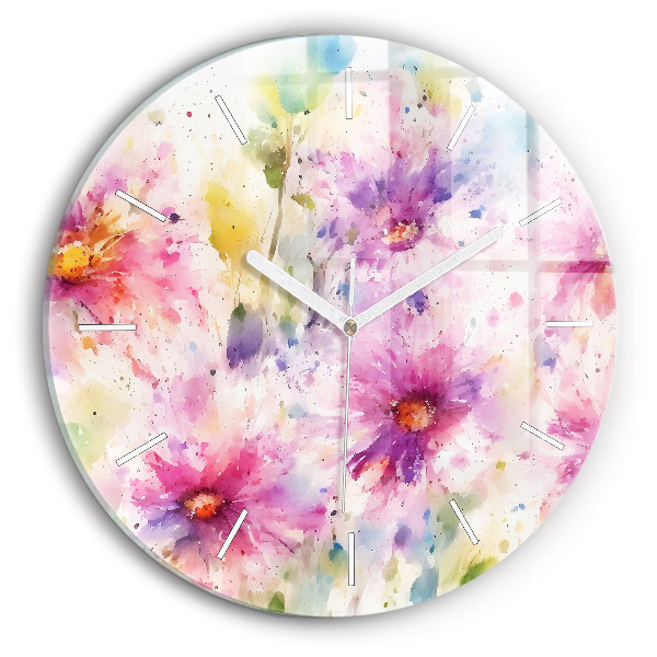 Round glass wall clock Painted flowers