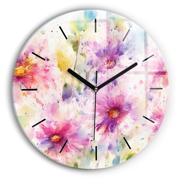 Round glass wall clock Painted flowers