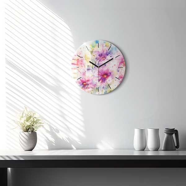 Round glass wall clock Painted flowers