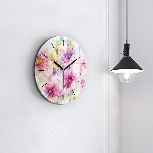 Round glass wall clock Painted flowers