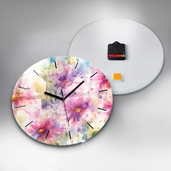 Round glass wall clock Painted flowers