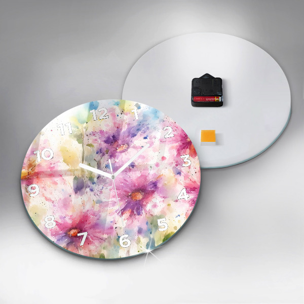 Round glass wall clock Painted flowers