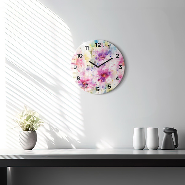 Round glass wall clock Painted flowers