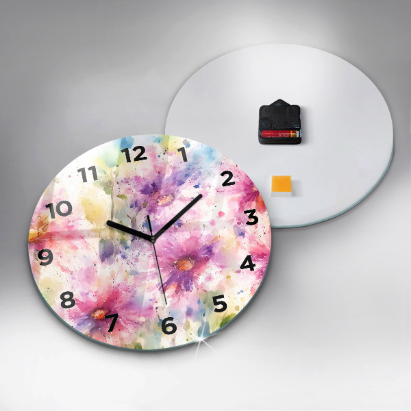 Round glass wall clock Painted flowers