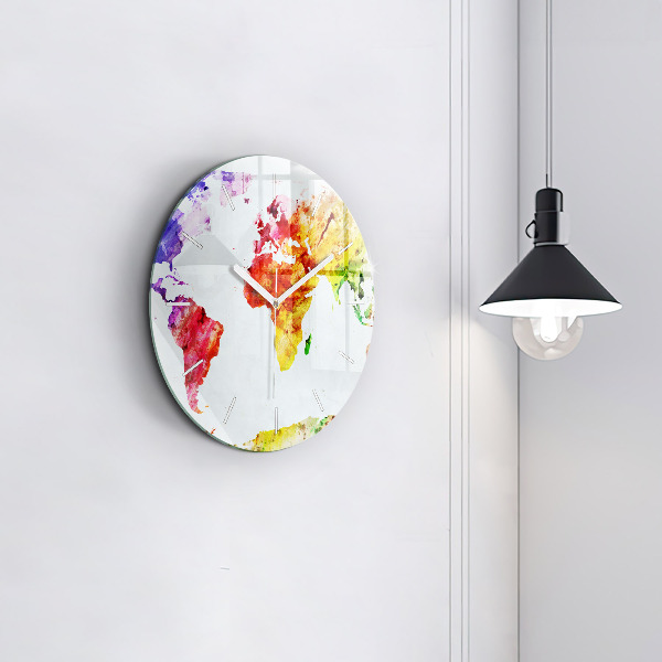 Round glass wall clock Watercolor world map