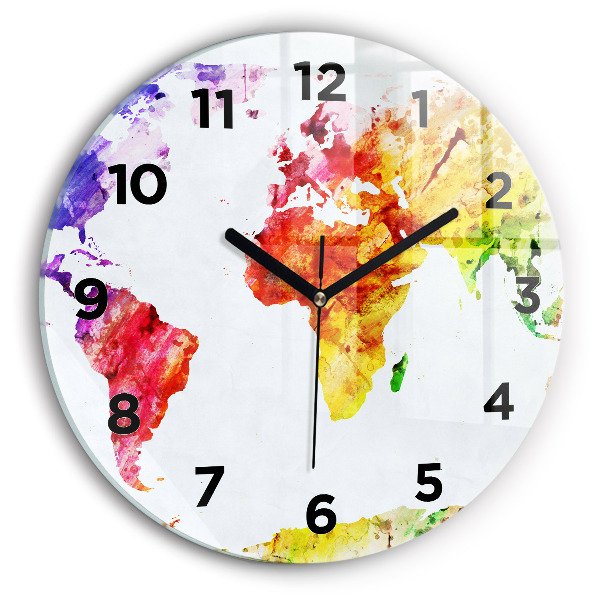 Round glass wall clock Watercolor world map