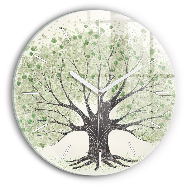 Round glass wall clock Big tree nature