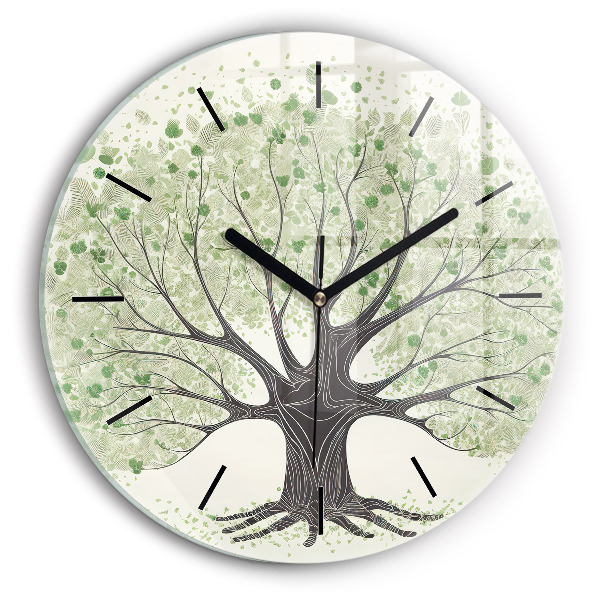 Round glass wall clock Big tree nature