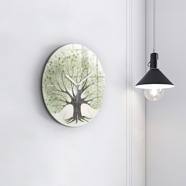 Round glass wall clock Big tree nature