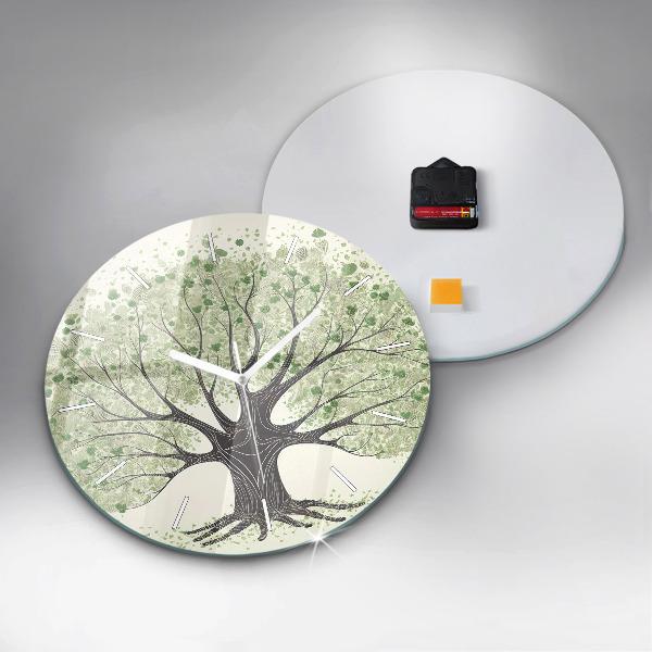Round glass wall clock Big tree nature