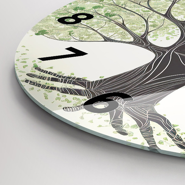 Round glass wall clock Big tree nature
