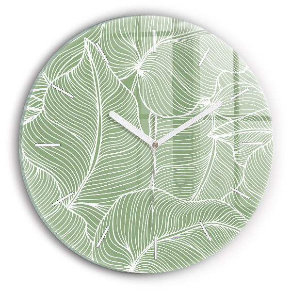 Round glass wall clock Leaves nature pattern