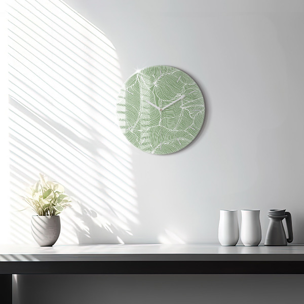 Round glass wall clock Leaves nature pattern