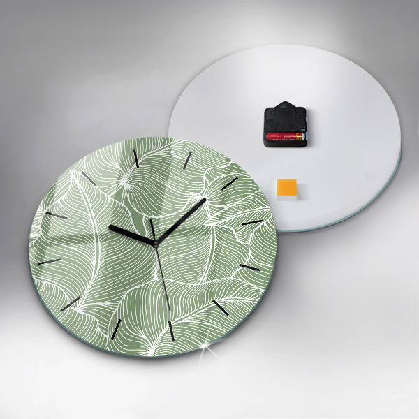 Round glass wall clock Leaves nature pattern