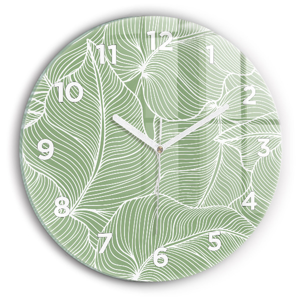 Round glass wall clock Leaves nature pattern