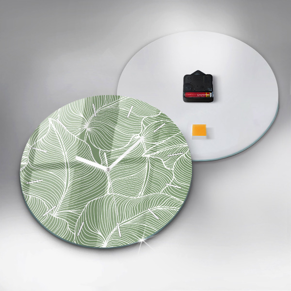 Round glass wall clock Leaves nature pattern