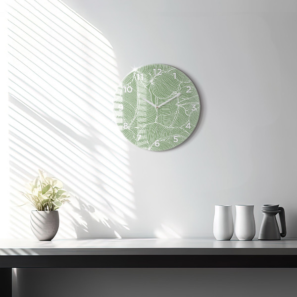 Round glass wall clock Leaves nature pattern