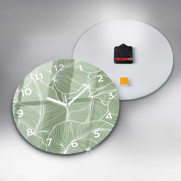 Round glass wall clock Leaves nature pattern