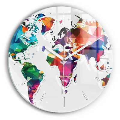 Round glass wall clock World map triangles