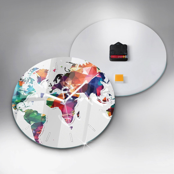 Round glass wall clock World map triangles