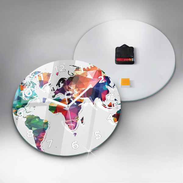 Round glass wall clock World map triangles
