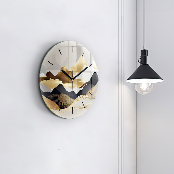 Round glass wall clock Abstract golden mountains