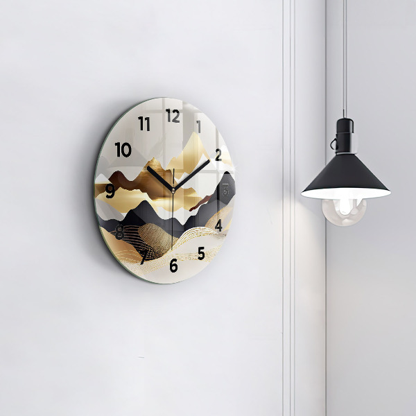 Round glass wall clock Abstract golden mountains