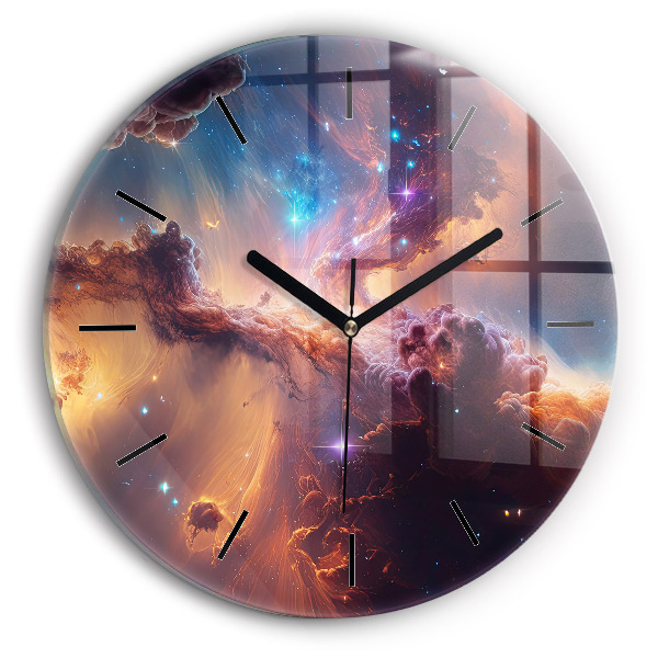 Round glass wall clock The cosmic world of stars