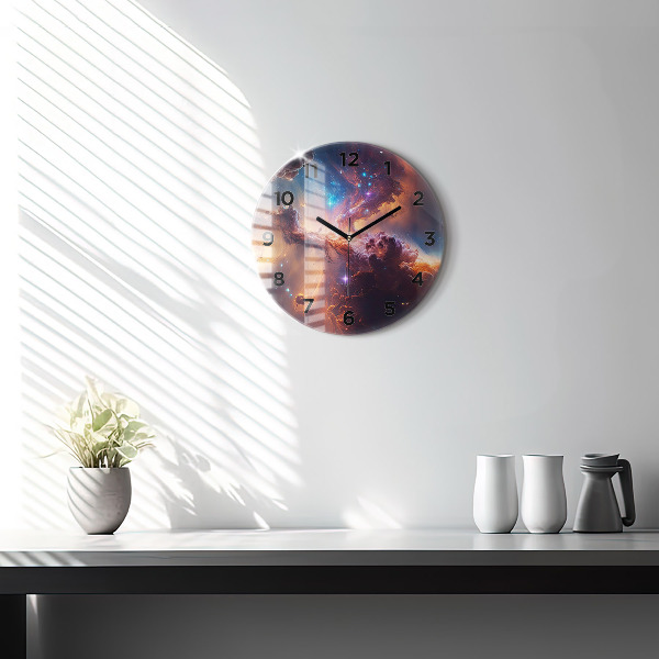 Round glass wall clock The cosmic world of stars