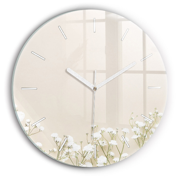 Round glass wall clock Blooming gypsophila flowers