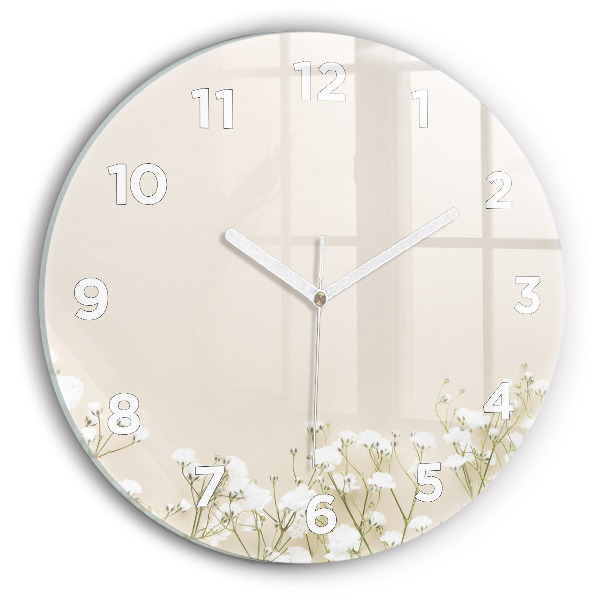 Round glass wall clock Blooming gypsophila flowers