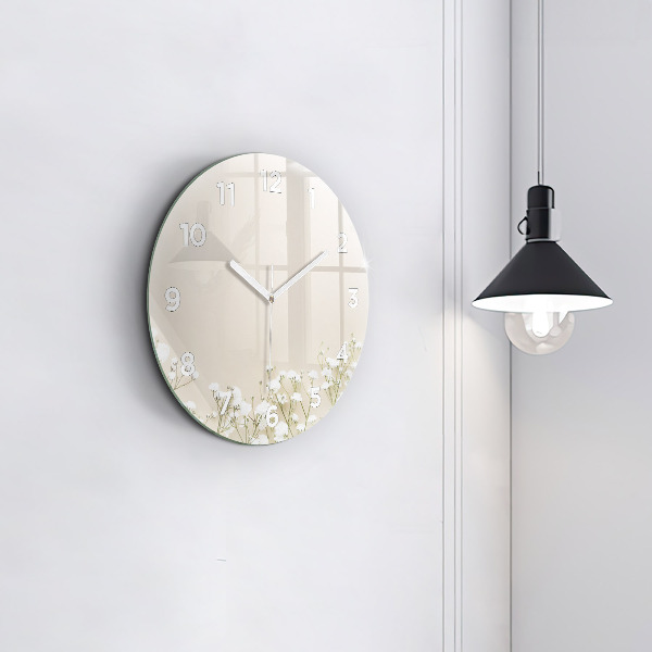 Round glass wall clock Blooming gypsophila flowers