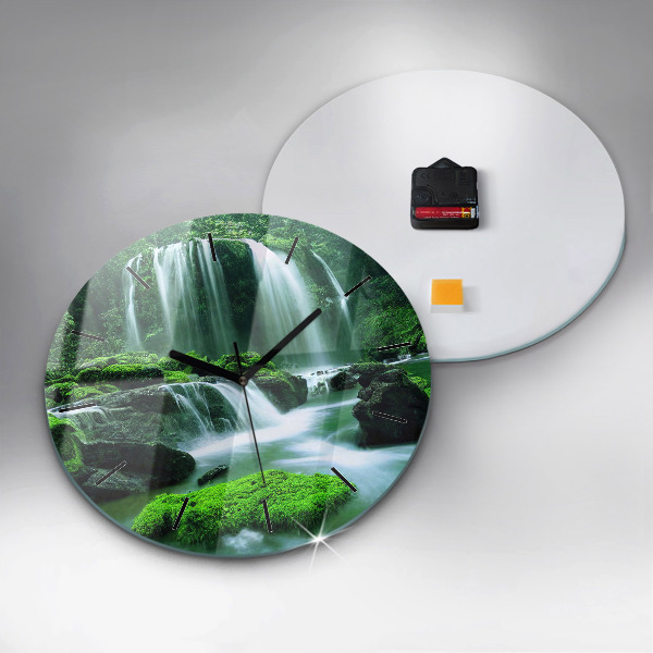 Round glass wall clock Waterfall among the moss