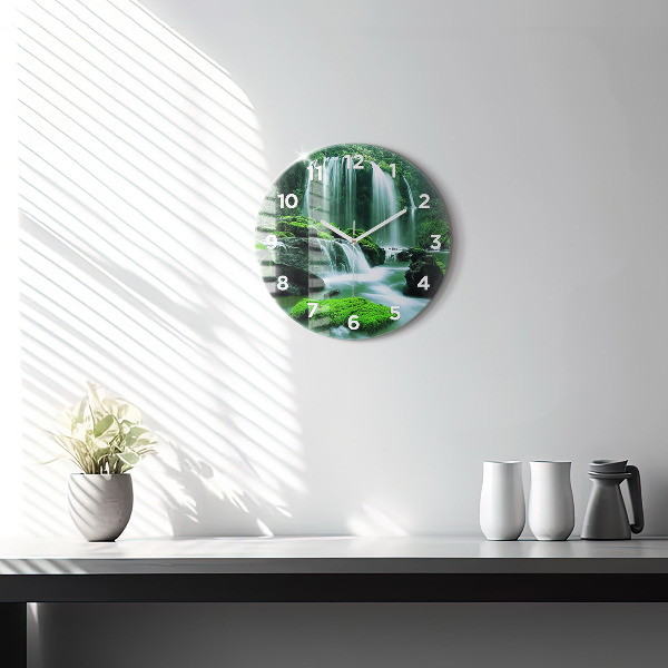 Round glass wall clock Waterfall among the moss