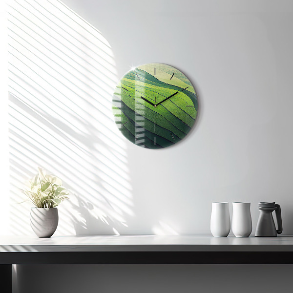 Round glass wall clock Green fields abstract