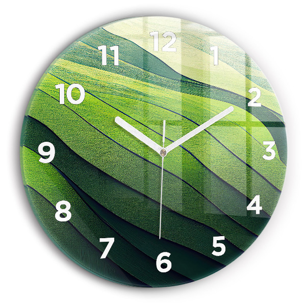 Round glass wall clock Green fields abstract