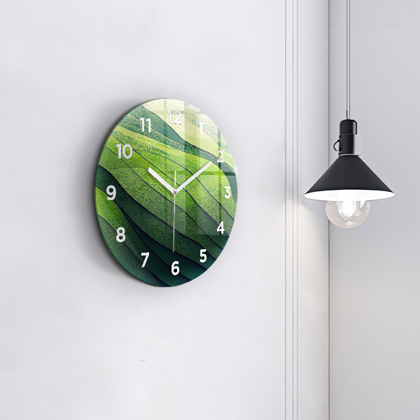 Round glass wall clock Green fields abstract
