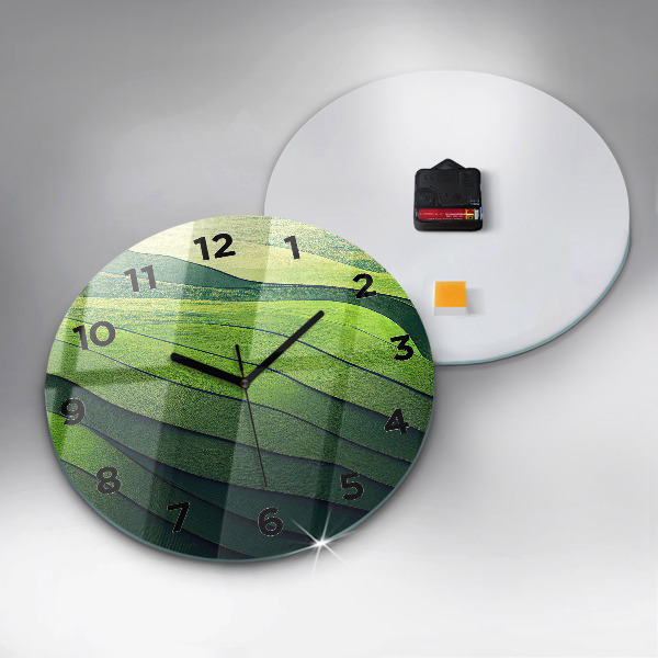 Round glass wall clock Green fields abstract