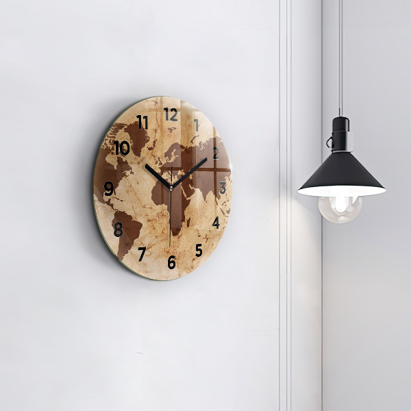 Round glass wall clock Vintage world map