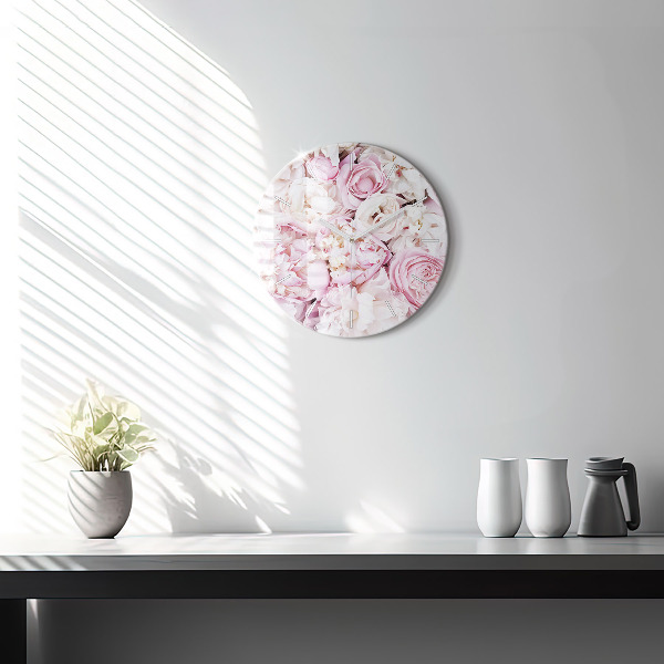 Round glass wall clock Decorative flowers