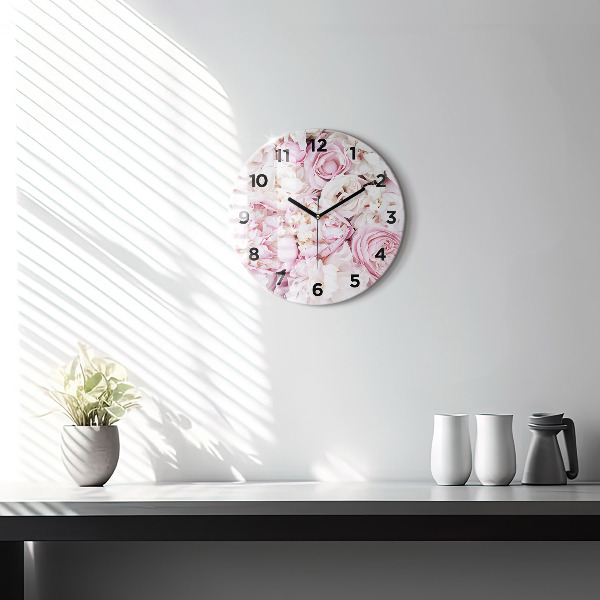 Round glass wall clock Decorative flowers