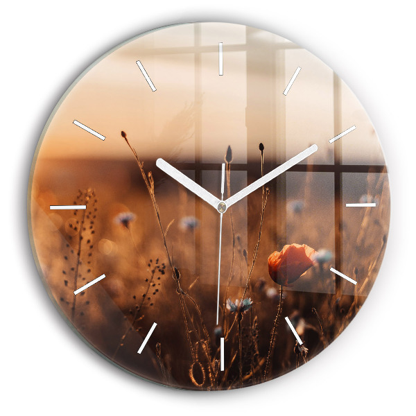 Round glass wall clock Field sunrise