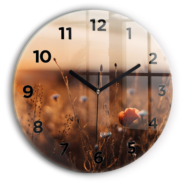 Round glass wall clock Field sunrise