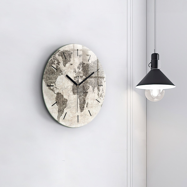 Round glass wall clock World map newspaper