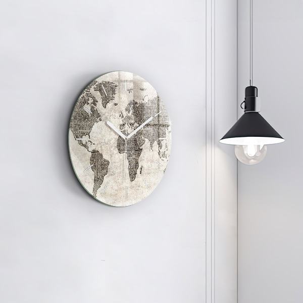 Round glass wall clock World map newspaper