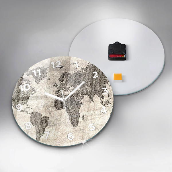 Round glass wall clock World map newspaper
