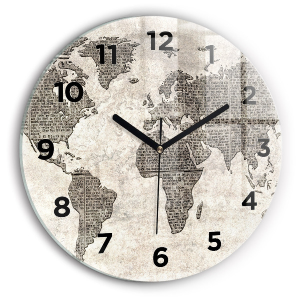Round glass wall clock World map newspaper